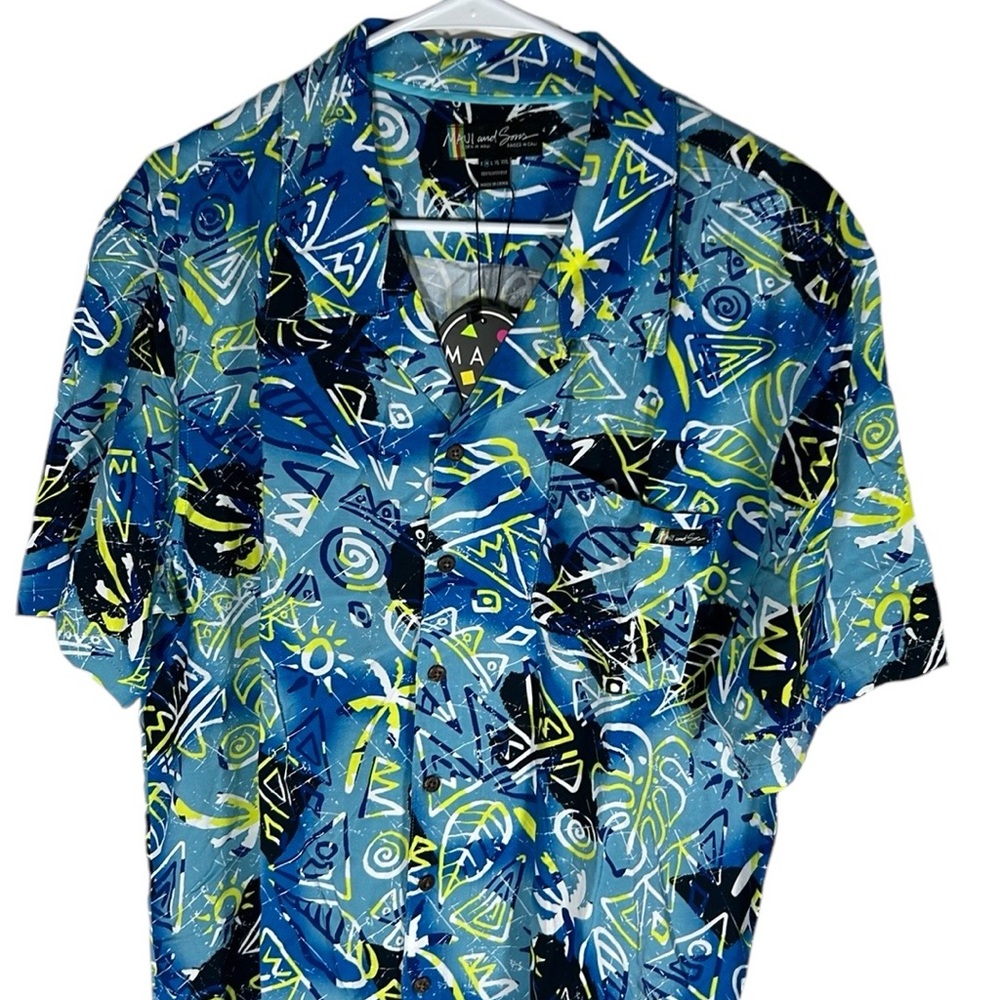 Maui and Sons Blue Hawaiian Abstract Viscose Button Up Shirt Men’s Size M